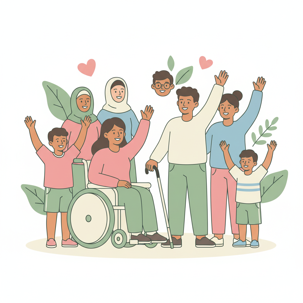 Illustration of a diverse, inclusive community of people of different abilities raising their hands together in hope